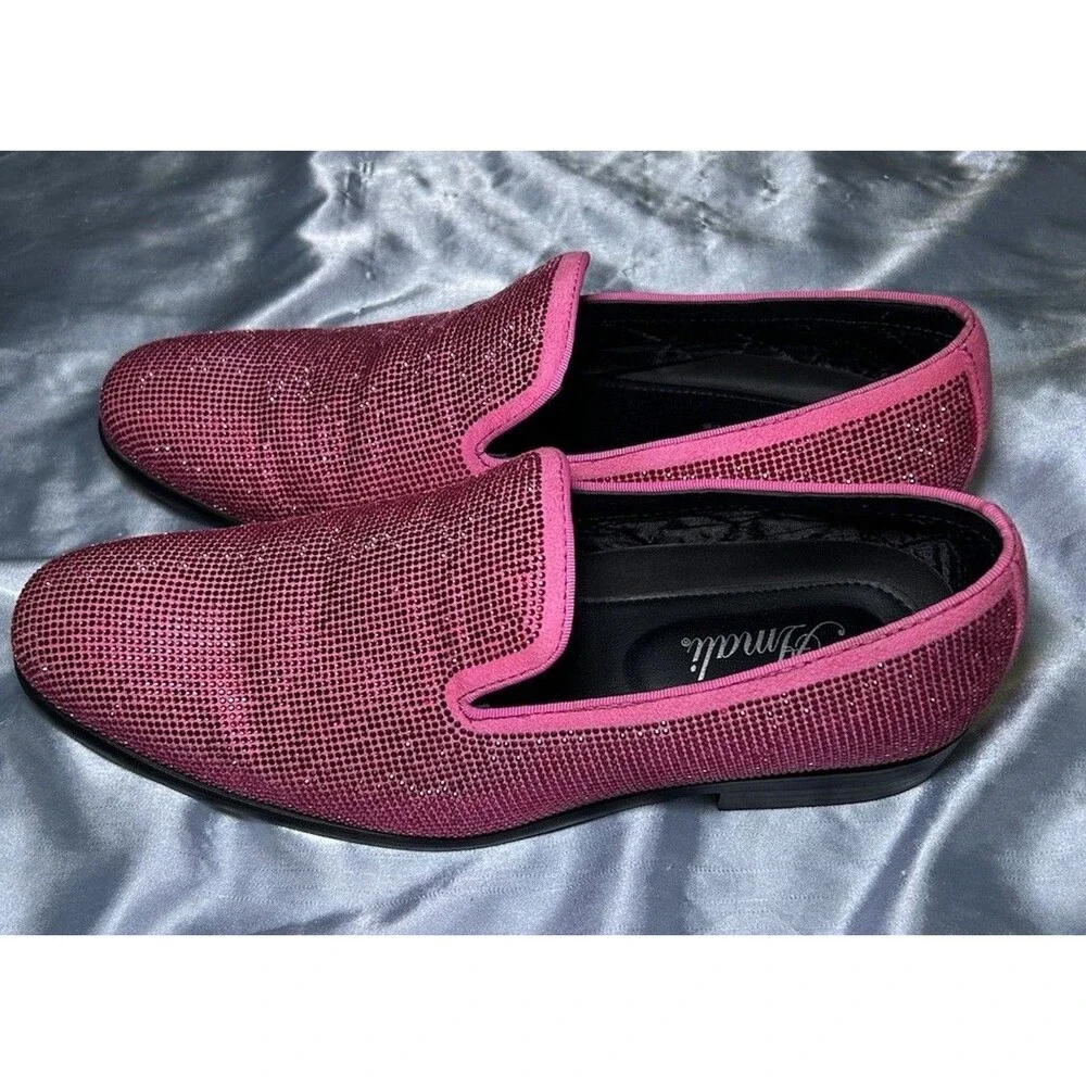 Amali Men’s Dazzle Fuchsia Sparkly Loafers Dress Shoes Pink Rhinestone Size 10